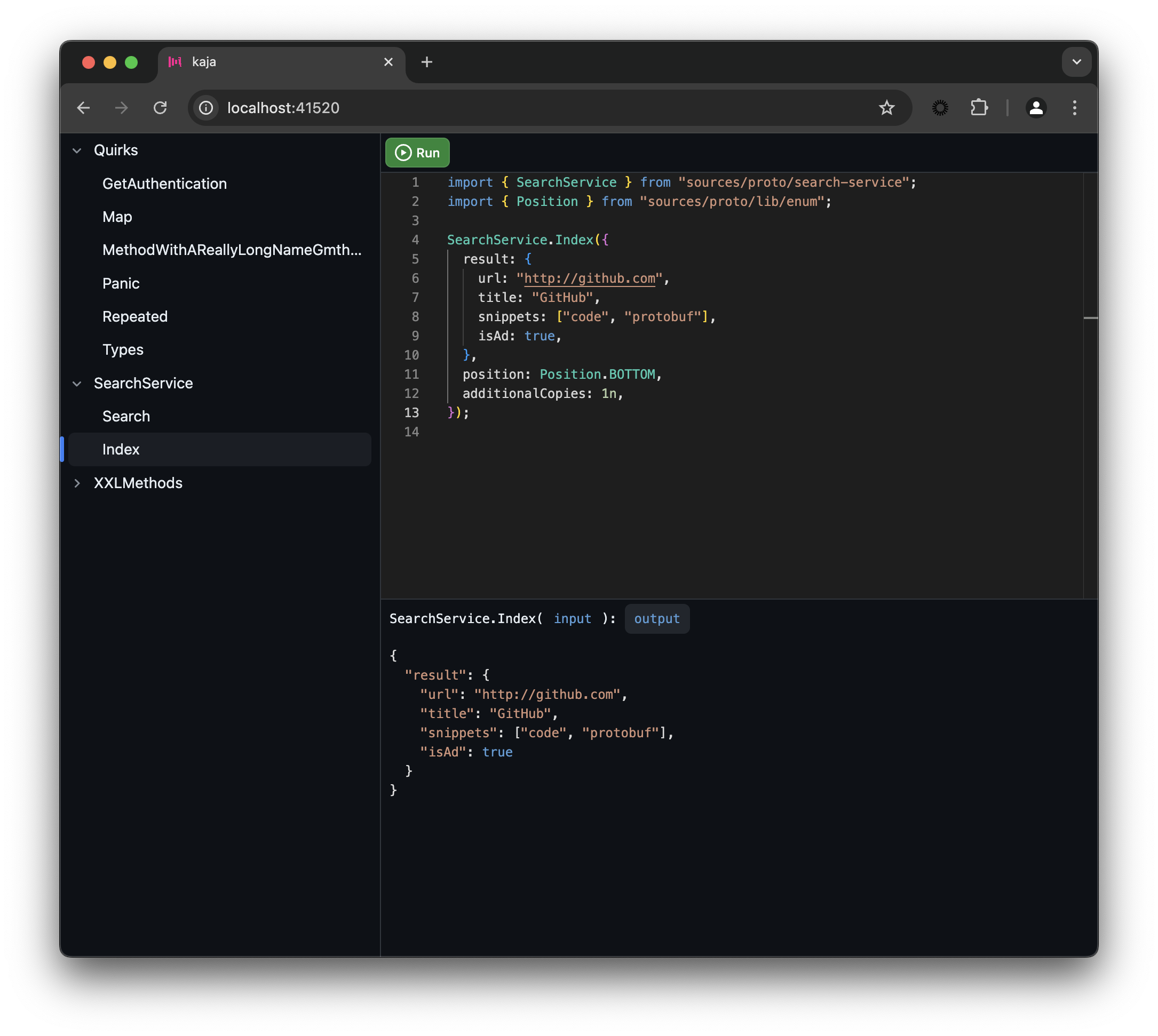 Kaja application screenshot showing the code-based UI for API exploration